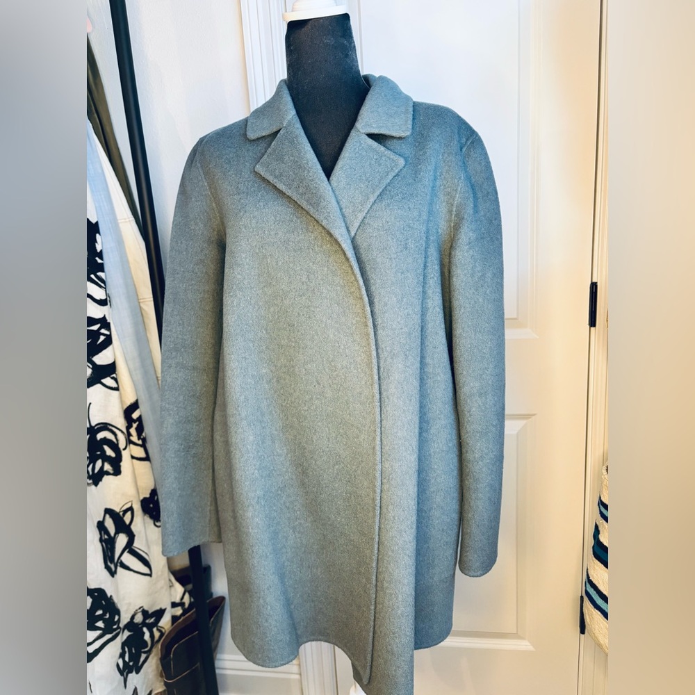 Theory Sileena Overlay Blue/Grey Wool Cashmere Open Front Coat Size L